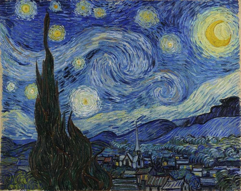 Vincent van Gogh's The Starry Night: a swirling night sky over a village, a cypress in the foreground.